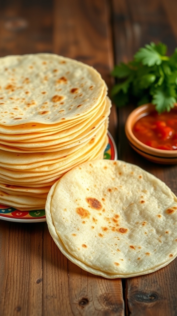 A stack of soft homemade butter tortillas on a wooden table with salsa and cilantro.